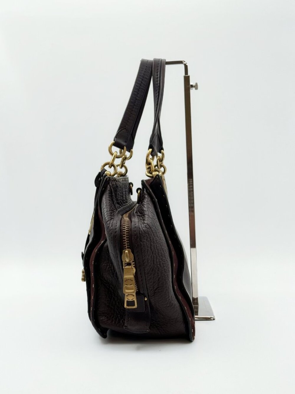 Coach Dark Brown Leather Studded Satchel with Gold Hardware - Picture 4 of 14